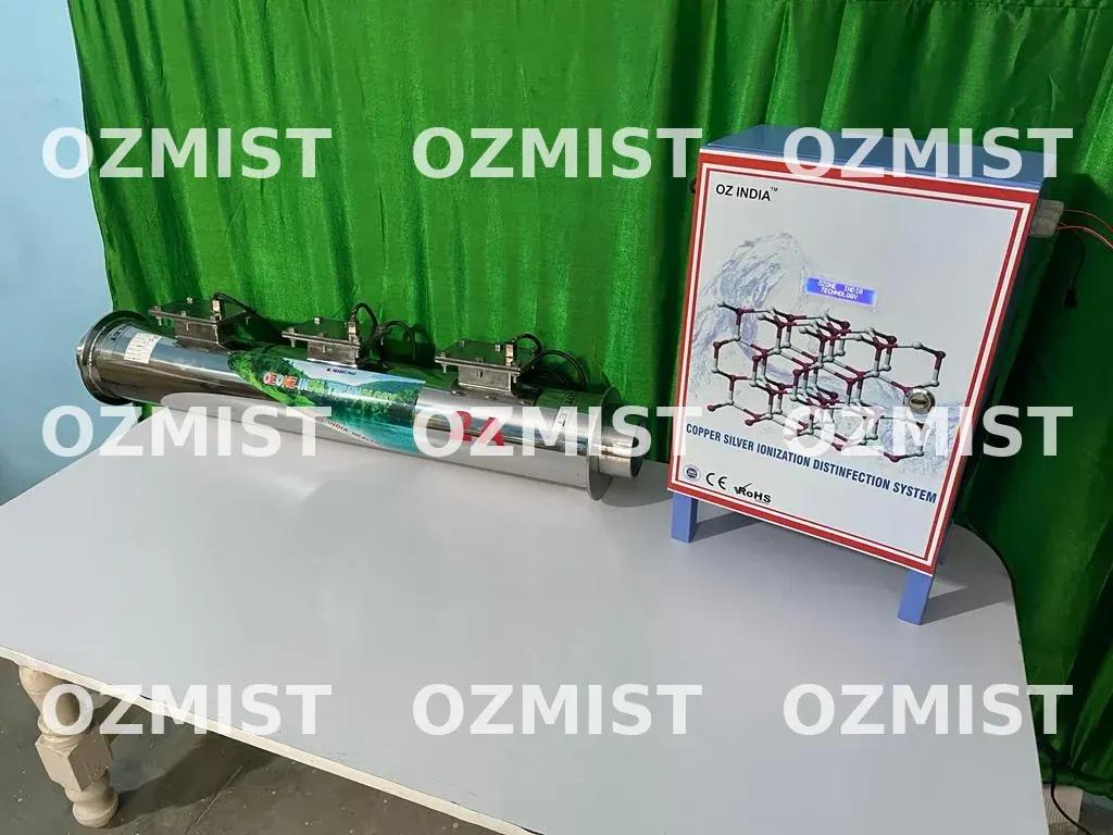 Ozmist silver ionization water disinfection system with electrolytic chamber and flow-proportional controller