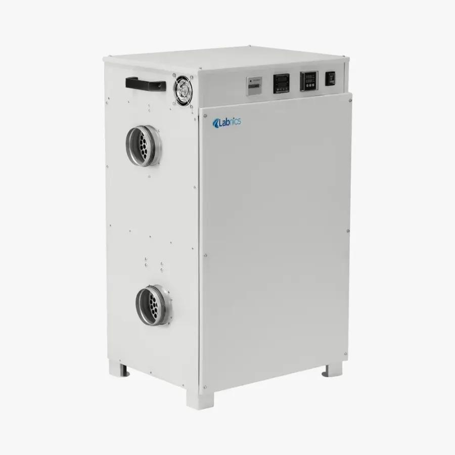 Ozmist decant dehumidifier with fork-lift skids and continuous drainage for construction and restoration